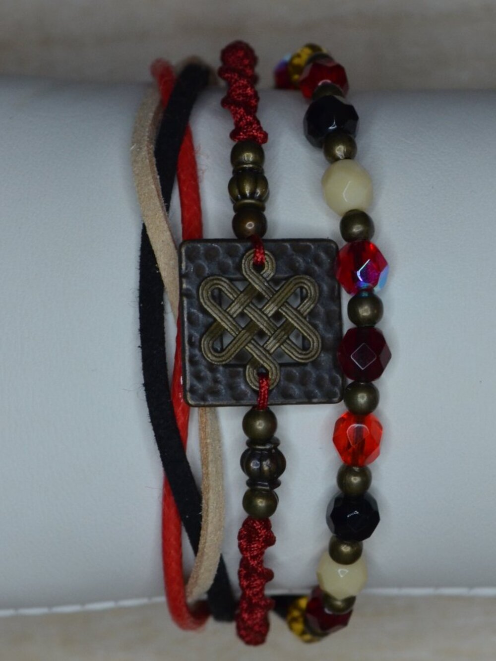 Bronze Mystic Knot Triple Strand Bead & Cord Wrap Bracelet